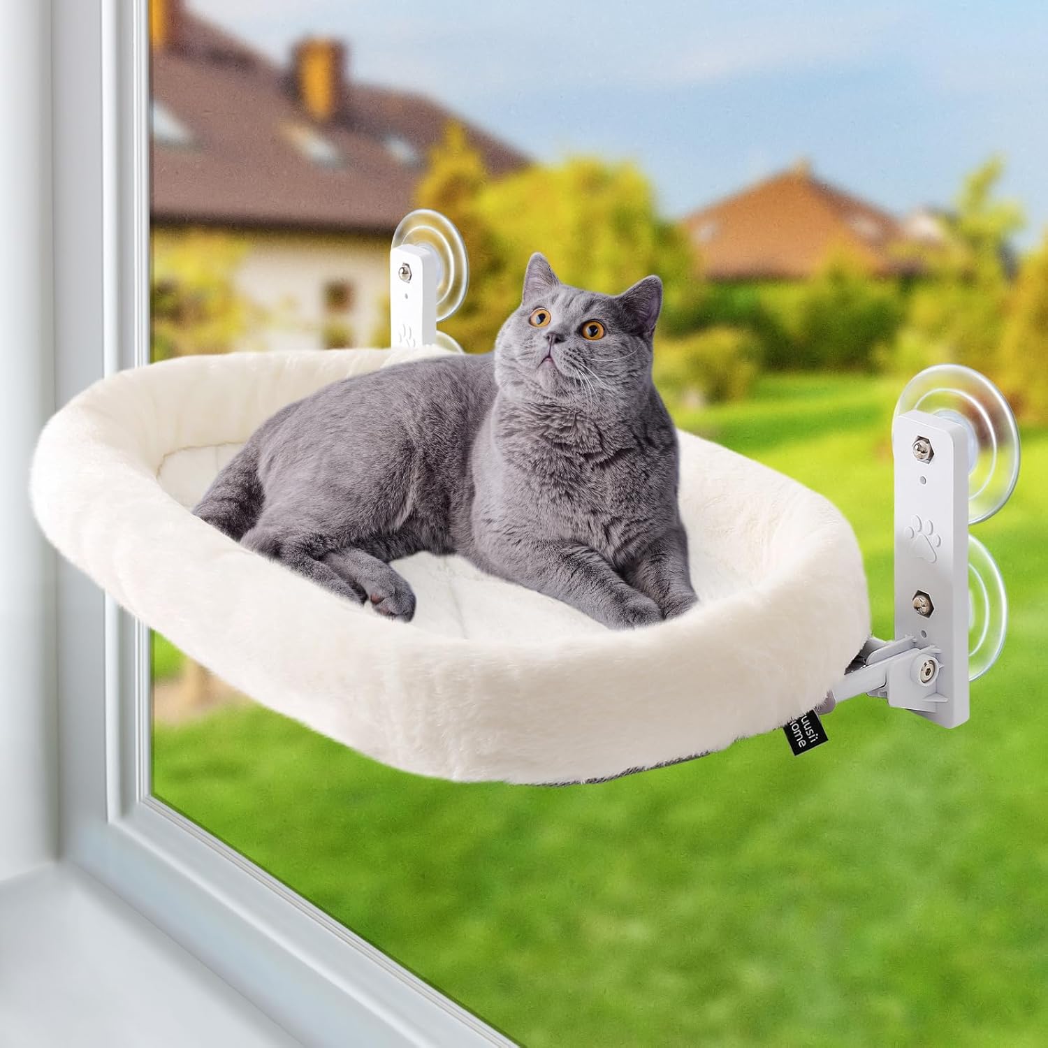 Sunhoo Cat Window Hammock Perch for Large Cats Bed Cordless Kitten Seat Inside with 4 Durable Suction Cups Washable Reversible Cover Easy Assembly 21 * 11.8 in Hold 40lbs Hamac Pour Chat (White, M) - Image 2