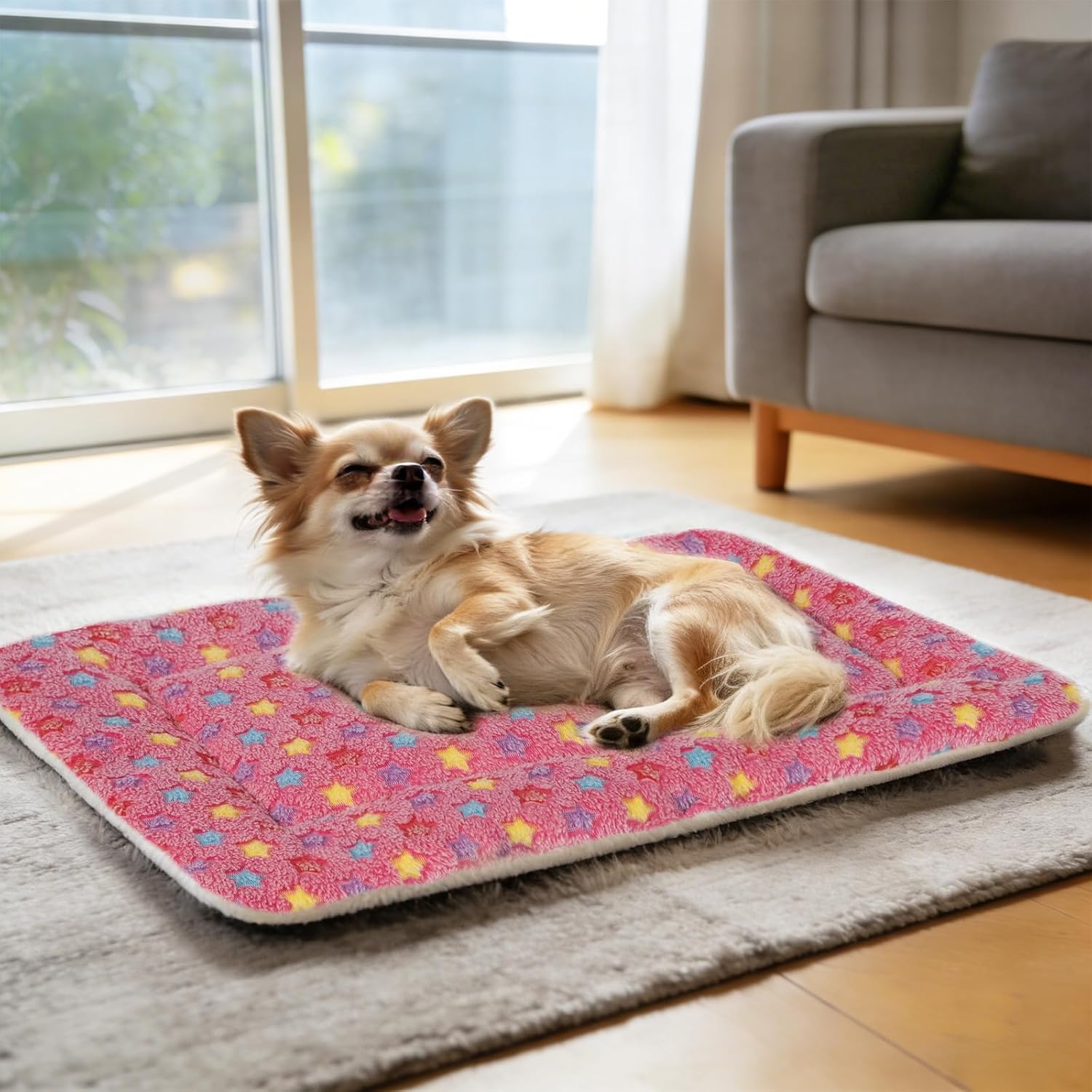Mora Pets Dog Bed Crate Pad Ultra Soft Pet Bed with Cute Star Print Washable Crate Mat for Large Medium Small Dogs Reversible Fleece Dog Crate Kennel Mat Cat Bed Liner 21 x 12 inch Pink - Image 4