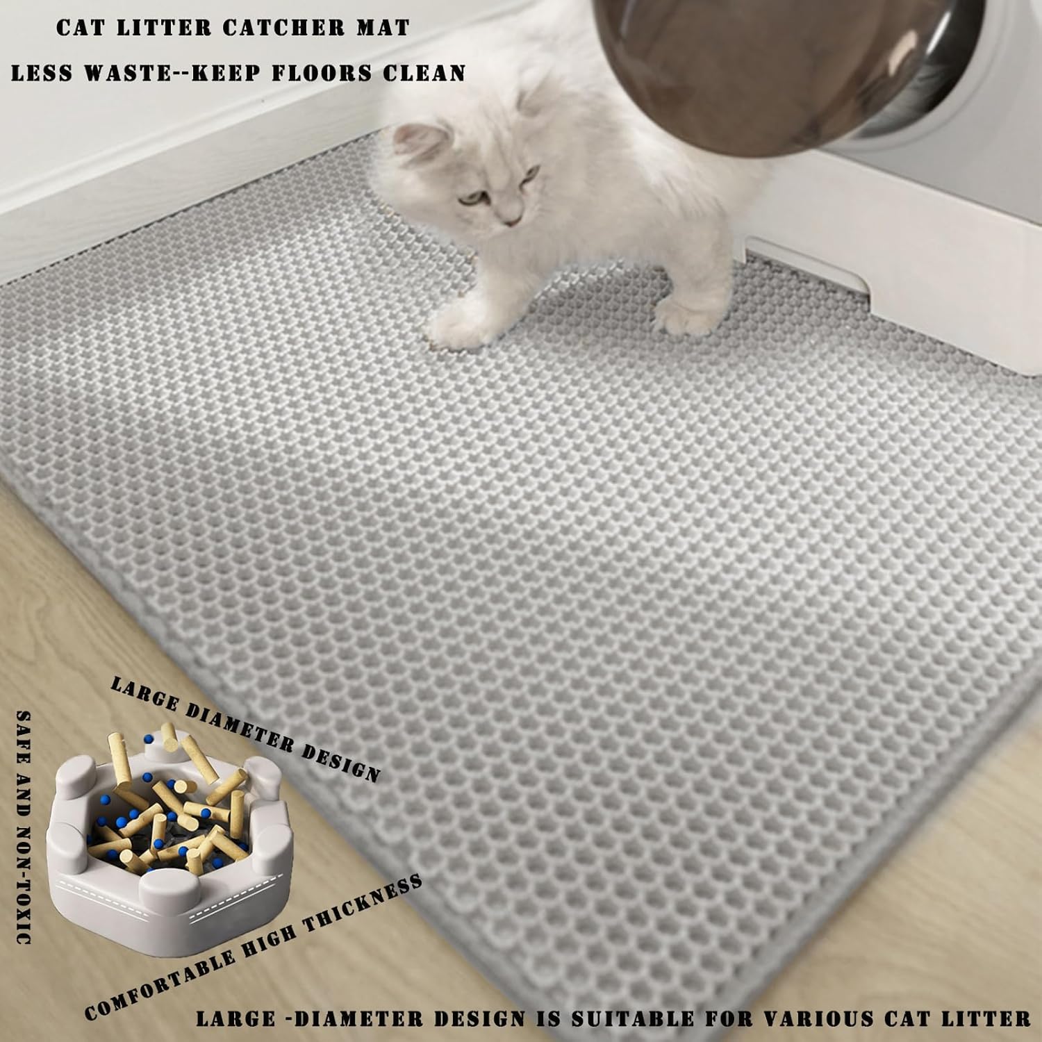 HCY&WLD Cat Litter Mat, 45x26/35x24/30x22/24x18 Inch Double Layer Cat Litter Box Mat, EVA Non-Slip, Waterproof Urine Proof Cat Litter Catcher Mat, Easy Clean Scatter Control (35x24 Inch, Gray) - Image 5