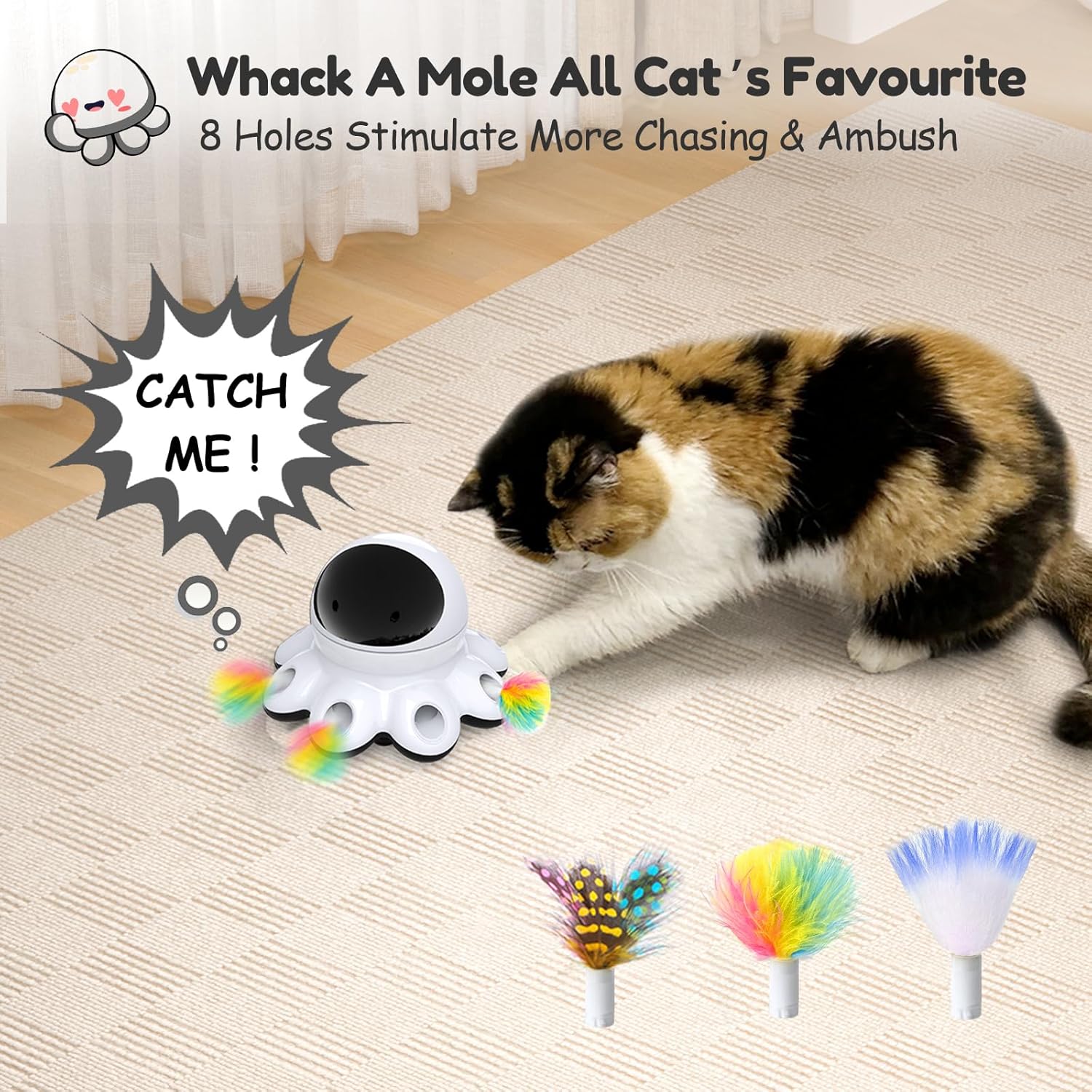 ORSDA Cat Laser Toy, 2 in 1 Automatic Cat Toys, 8 Holes Mice Whack A Mole Moving Feather, USB Rechargeable, Suitable for All Breeds - Image 5