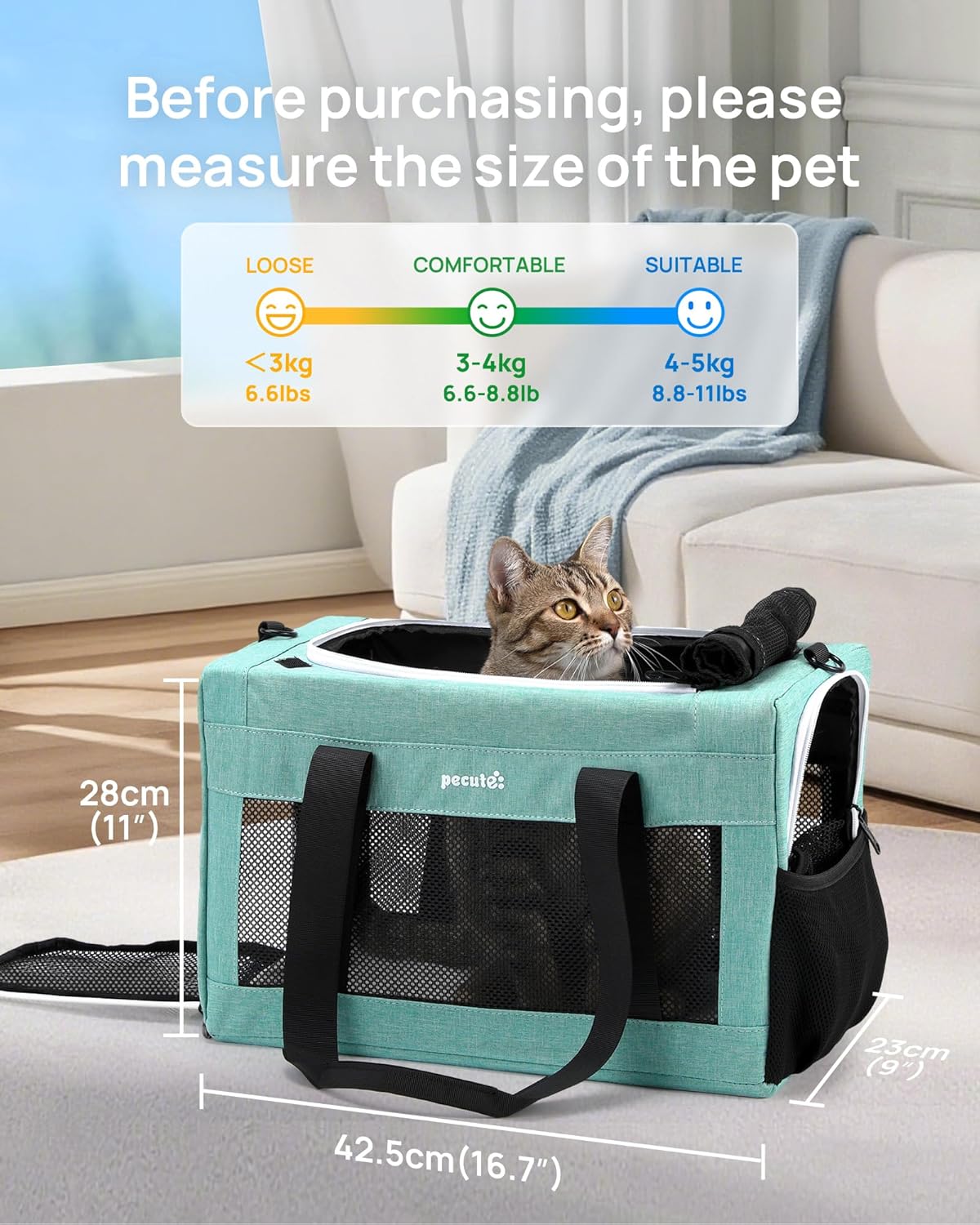 Pecute Cat Carrier Airline Approved, Thickened 5mm Steel Wire Frame, Stable Dog Carrier for Small Dogs, Breathable Foldable Pet Carrier with Sunshade, Suitable for Pets up to 5kg/11lbs (Blue) - Image 9