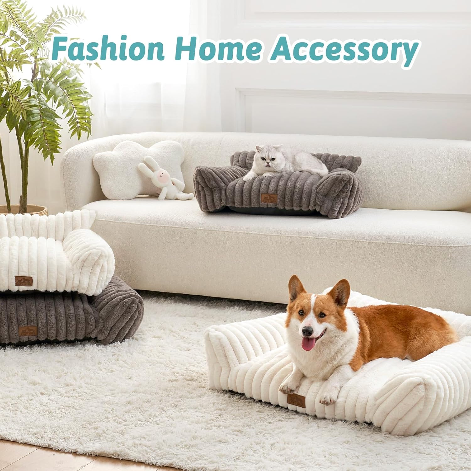 COZY KISS Cat Beds for Indoor Cats, Fluffy Cat Couch and Premium Faux Rabbit Fur Sofa Bed for Cats and Small Dogs, Ultra-Soft Supportive Pet Couch Furniture, 65x45 cm (Cream, Small) - Image 7