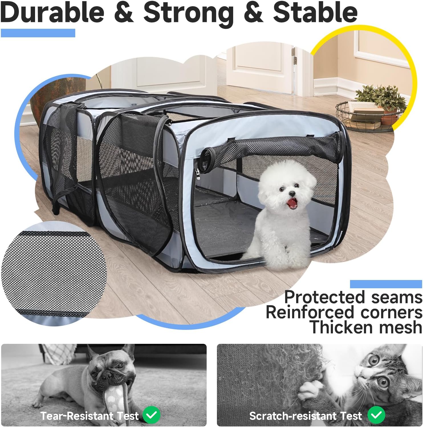 2-in-1 Dog Playpen, 58''Pop Up Cat Puppy Pet Playpen Indoor/Outdoor Cats Enclosed, Cat Dog Tent Crate Cage Kennel, Portable Playpen for Kitten, Small Animals Play Pen(No Divider, Unified Space) - Image 8