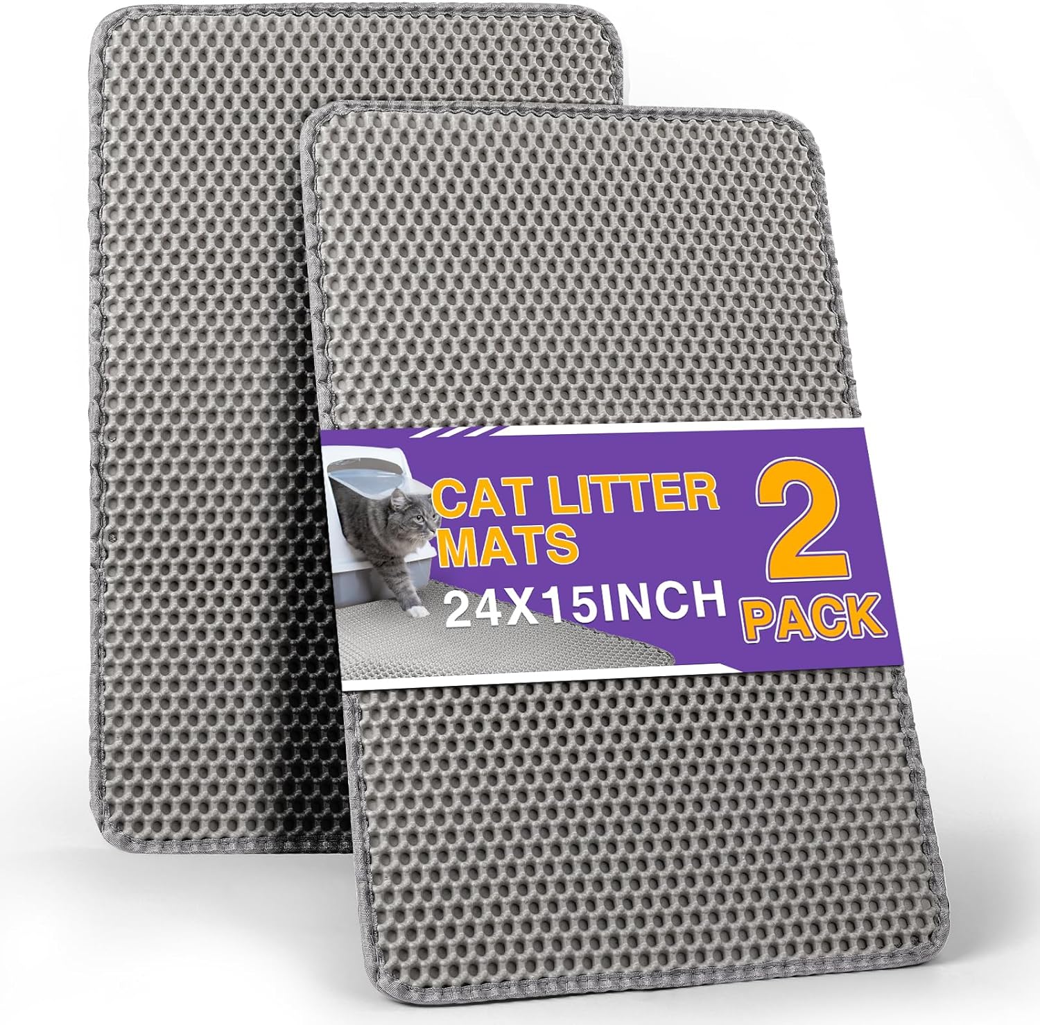 FURWEY Cat Litter Mat Double Layer Waterproof Urine Proof Trapping Mat 2 Pack (Gray, 24x15 Inch) - Image 2