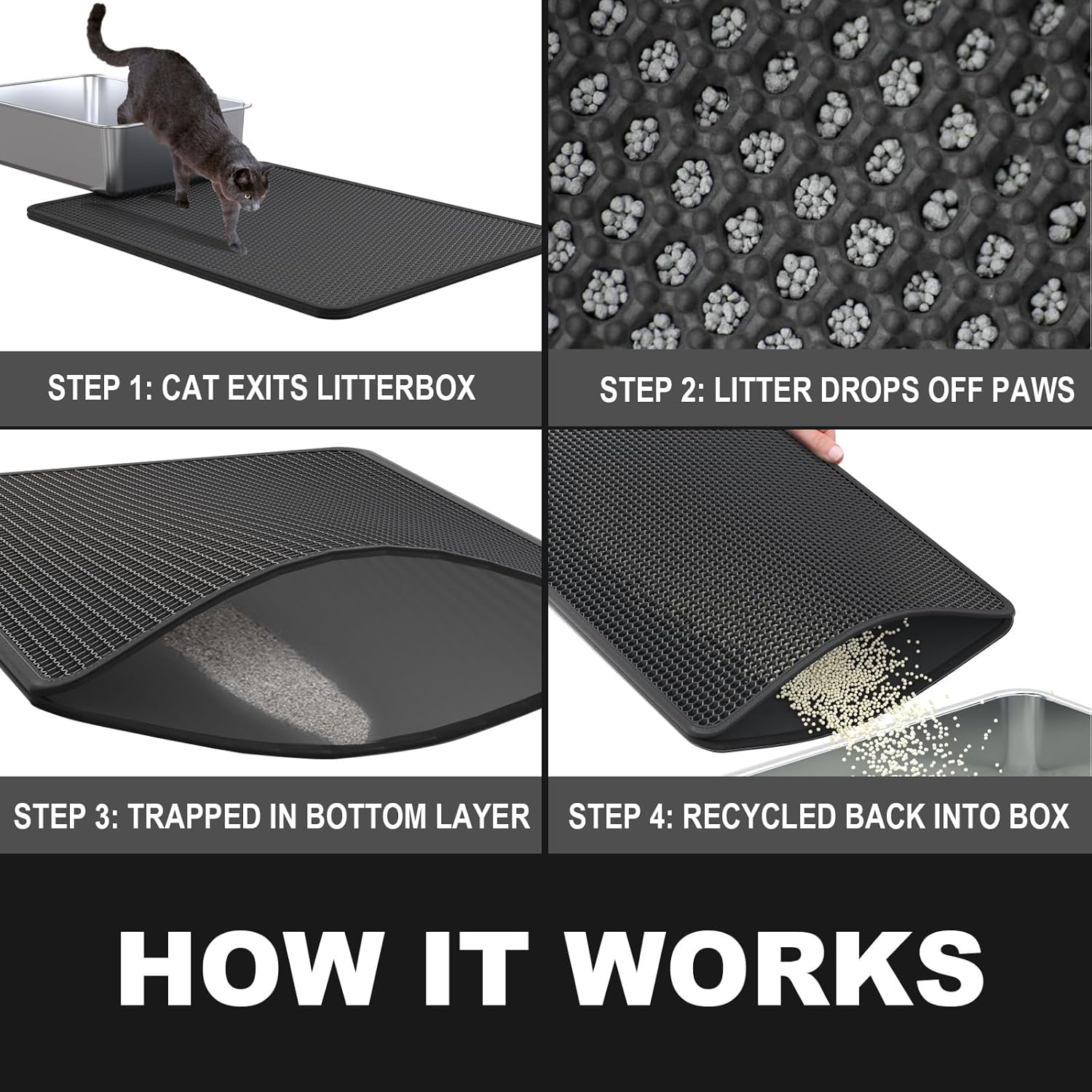ZuHucpts Large Cat Litter Mat Trapper -90 x 61 cm1 Pack Honeycomb Double Layer Litter Mat -Traps Messes, Easy Clean and Durable, Non Toxic Trapper Rug Suitable for Litter Tray (Black) - Image 7