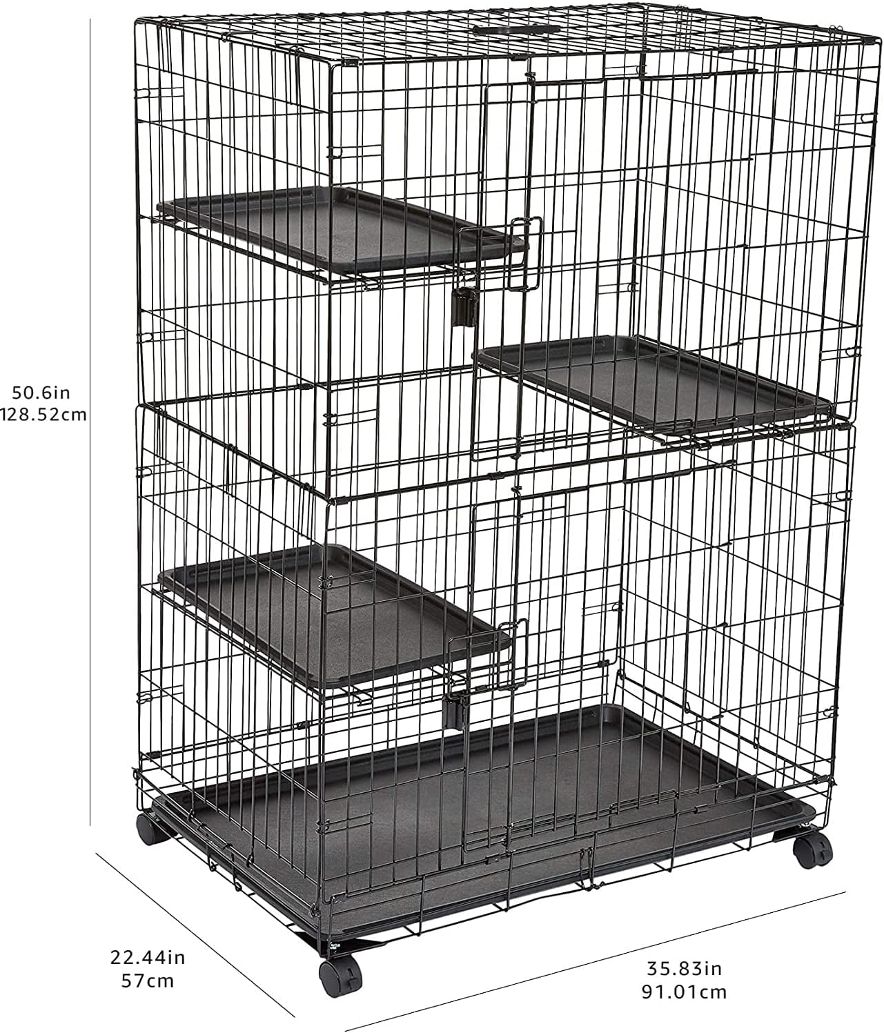 Amazon Basics Large 3-Tier Cat Cage Playpen Box Crate Kennel - 91cm x 57cm x 128cm Inches, Black - Image 5