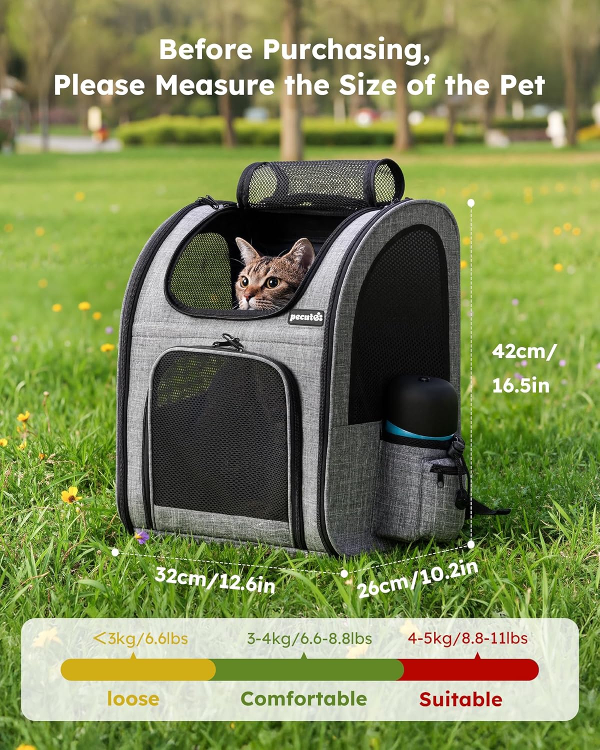 Pecute Cat Backpack with Breathable Mesh, Dog Backpack Carrier with Multi-Pockets for Cats Puppies, Pet Backpack Carrier for Travel Hiking Camping Outdoor (Gray) - Image 3