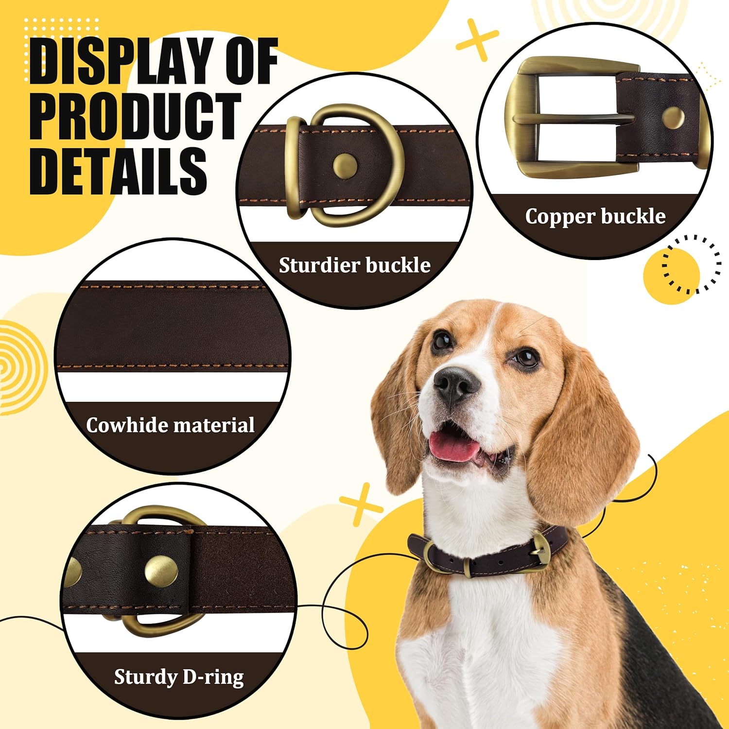 QRDA Brown Leather Dog Collar with Durable Brass Hardware Buckle and D Ring Adjustable Pet Collar for Small/Medium Dogs - Image 4