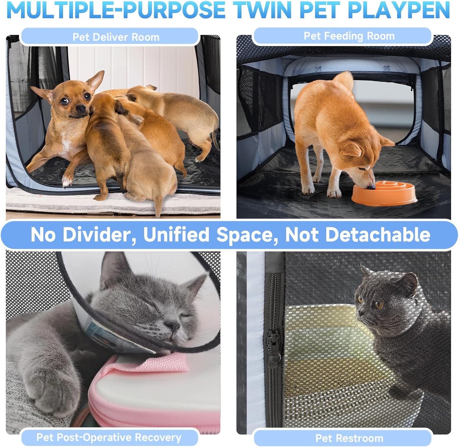 2-in-1 Dog Playpen, 58''Pop Up Cat Puppy Pet Playpen Indoor/Outdoor Cats Enclosed, Cat Dog Tent Crate Cage Kennel, Portable Playpen for Kitten, Small Animals Play Pen(No Divider, Unified Space) - Image 5