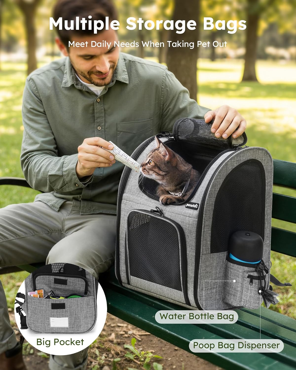 Pecute Cat Backpack with Breathable Mesh, Dog Backpack Carrier with Multi-Pockets for Cats Puppies, Pet Backpack Carrier for Travel Hiking Camping Outdoor (Gray) - Image 9