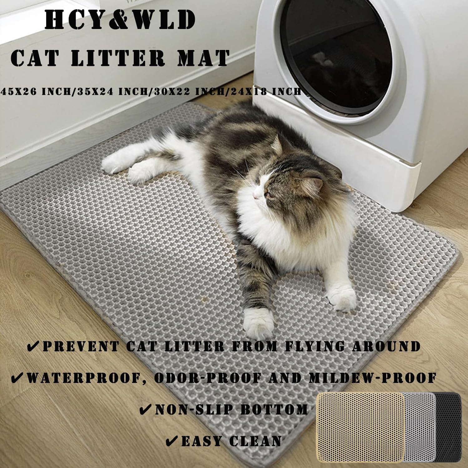 HCY&WLD Cat Litter Mat, 45x26/35x24/30x22/24x18 Inch Double Layer Cat Litter Box Mat, EVA Non-Slip, Waterproof Urine Proof Cat Litter Catcher Mat, Easy Clean Scatter Control (35x24 Inch, Gray) - Image 3