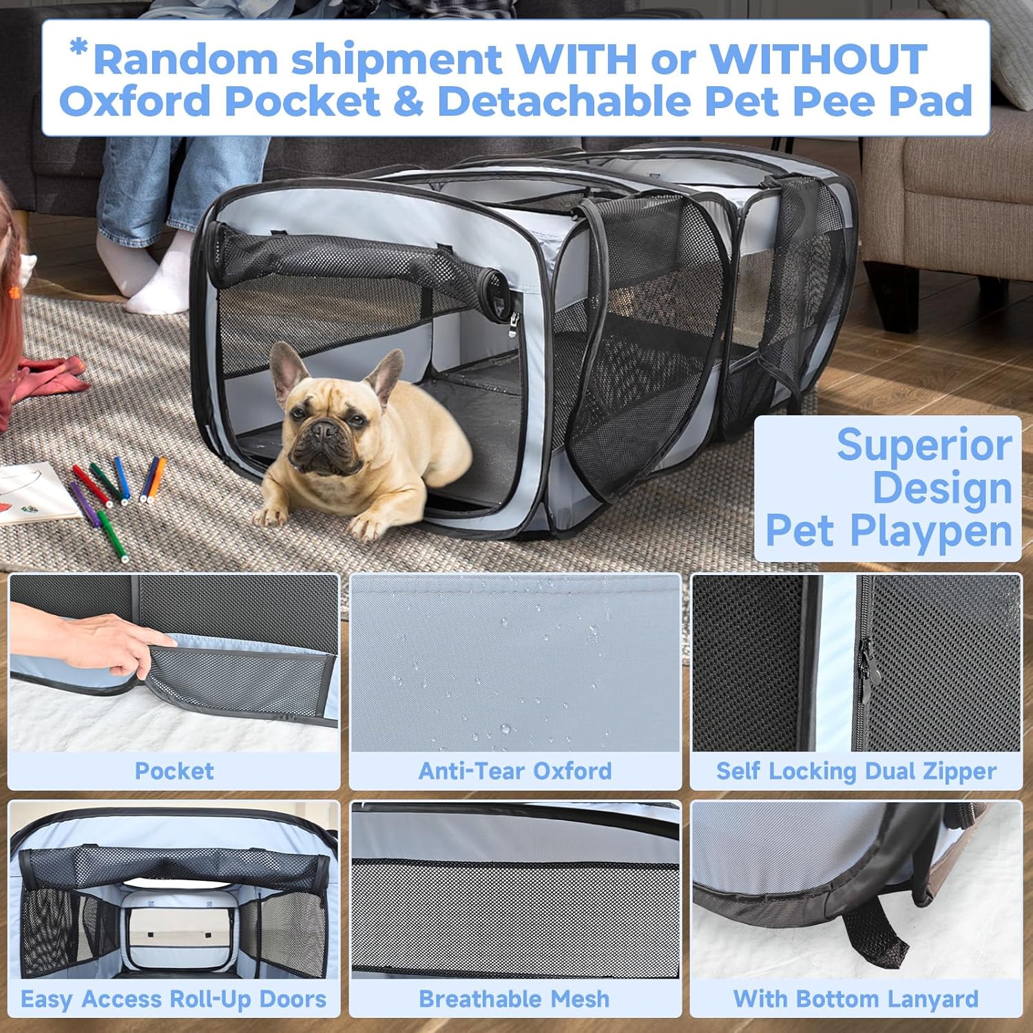 2-in-1 Dog Playpen, 58''Pop Up Cat Puppy Pet Playpen Indoor/Outdoor Cats Enclosed, Cat Dog Tent Crate Cage Kennel, Portable Playpen for Kitten, Small Animals Play Pen(No Divider, Unified Space) - Image 7