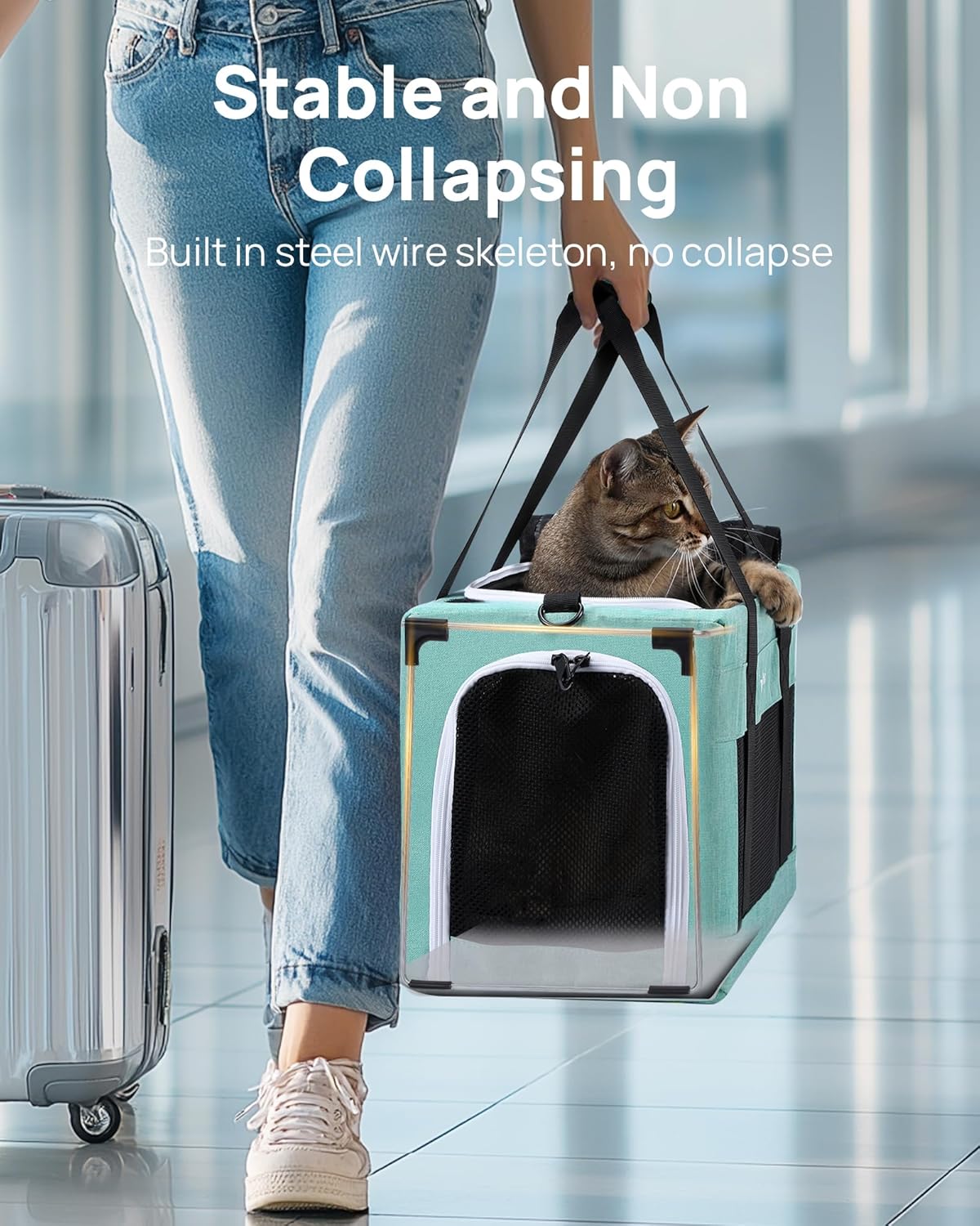 Pecute Cat Carrier Airline Approved, Thickened 5mm Steel Wire Frame, Stable Dog Carrier for Small Dogs, Breathable Foldable Pet Carrier with Sunshade, Suitable for Pets up to 5kg/11lbs (Blue) - Image 3