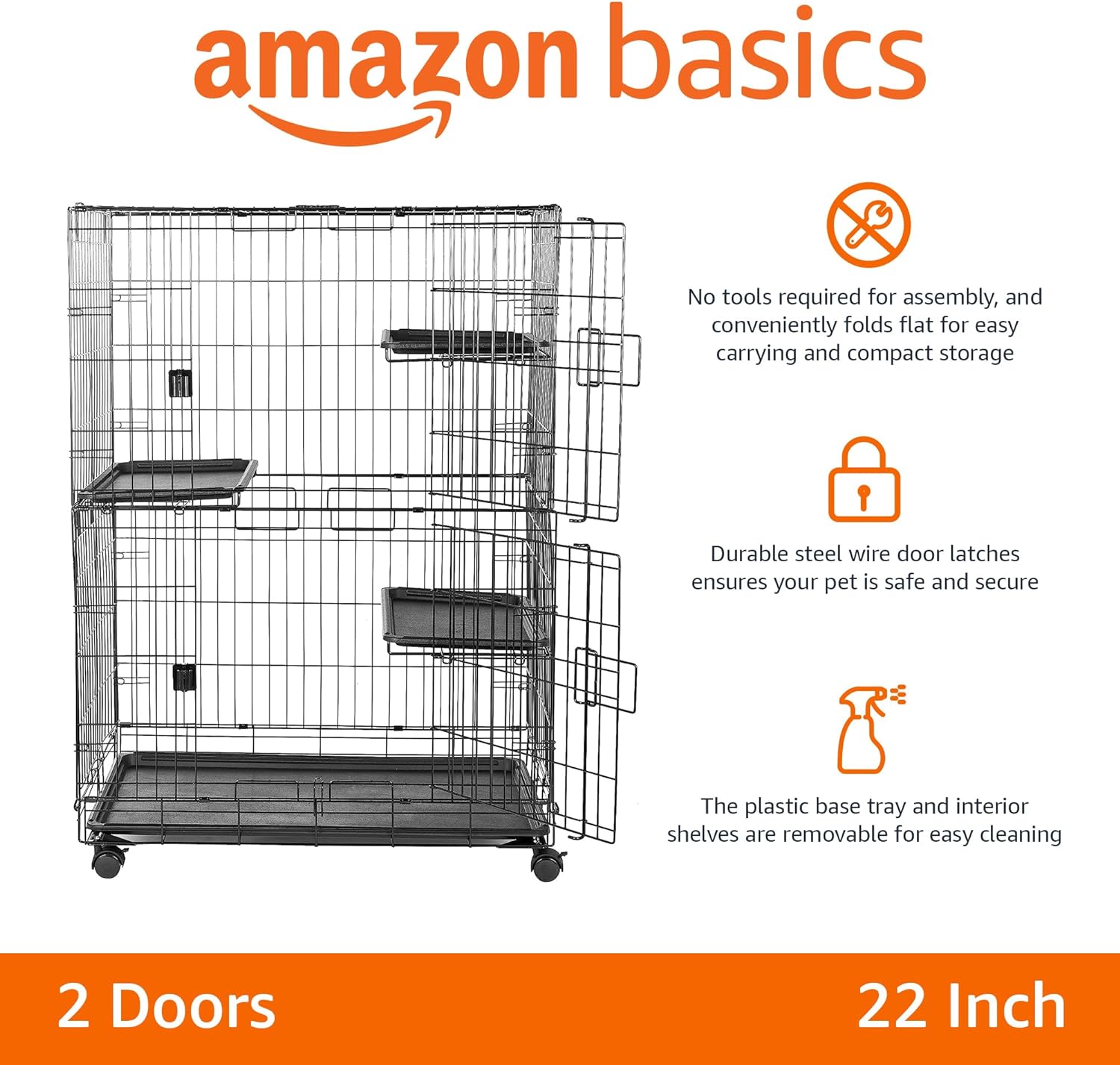 Amazon Basics Large 3-Tier Cat Cage Playpen Box Crate Kennel - 91cm x 57cm x 128cm Inches, Black - Image 3