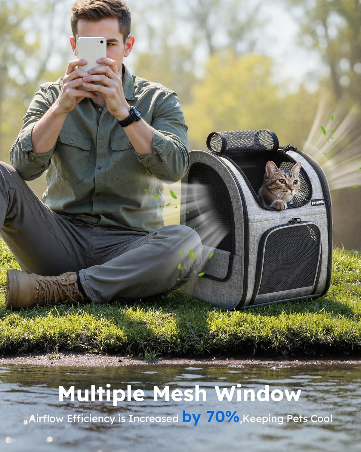 Pecute Cat Backpack with Breathable Mesh, Dog Backpack Carrier with Multi-Pockets for Cats Puppies, Pet Backpack Carrier for Travel Hiking Camping Outdoor (Gray) - Image 7