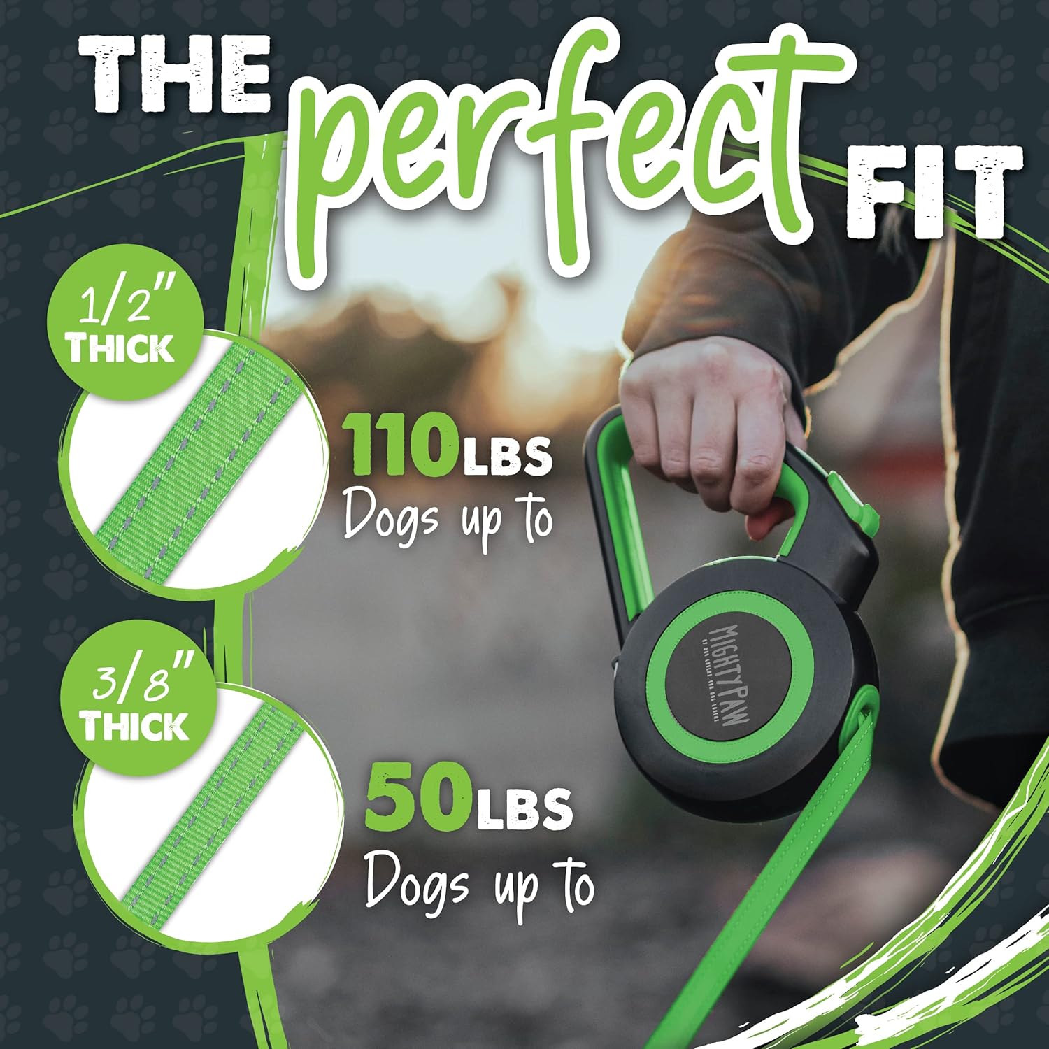 Mighty Paw Retractable Dog Leash 2.0 | 16’ Heavy Duty Reflective Nylon Tape Lead For Pets Up To 110 LBS. Tangle Free Design W/ One Touch Quick-Lock Braking System & Anti-Slip Handle. (Green/Standard) - Image 7