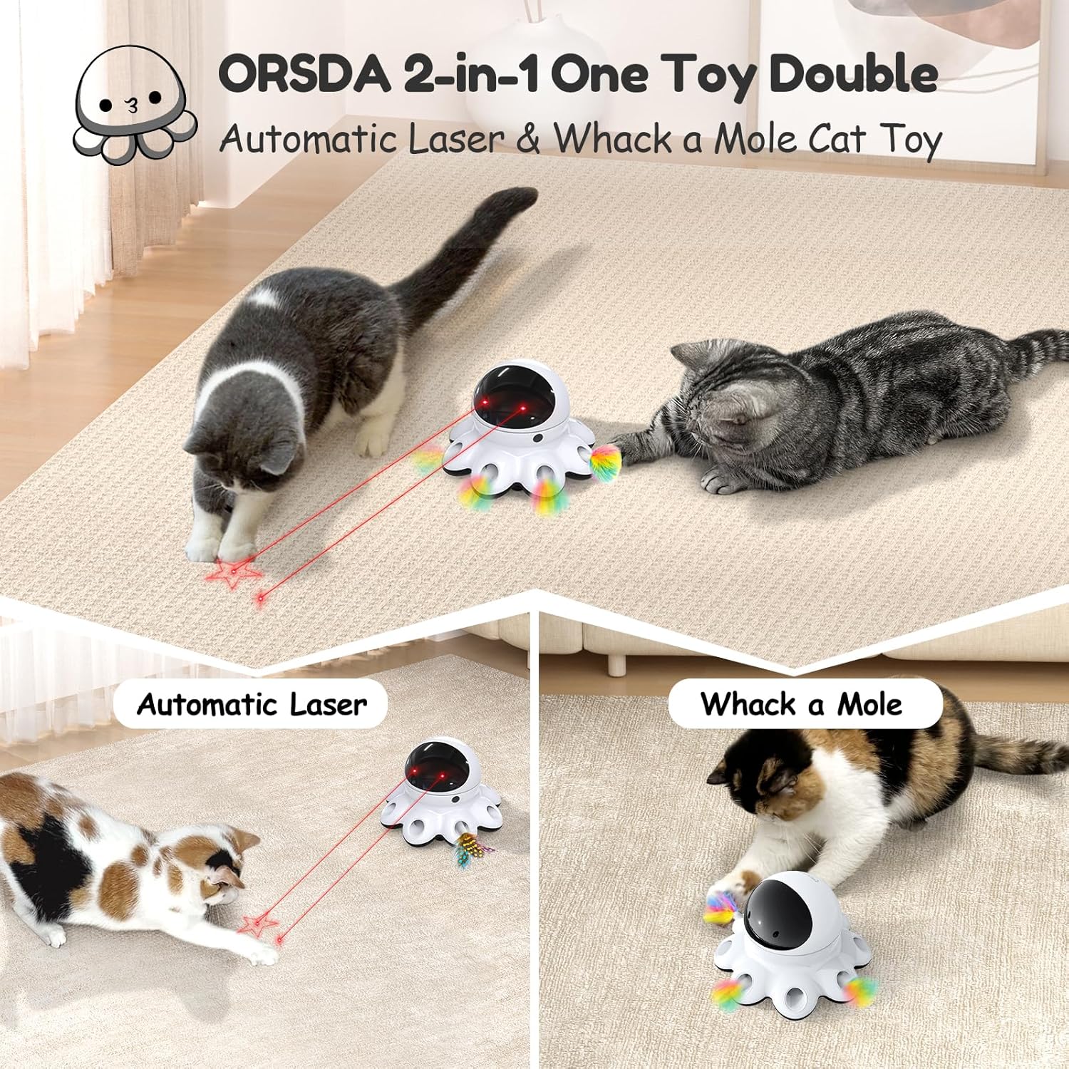ORSDA Cat Laser Toy, 2 in 1 Automatic Cat Toys, 8 Holes Mice Whack A Mole Moving Feather, USB Rechargeable, Suitable for All Breeds - Image 3