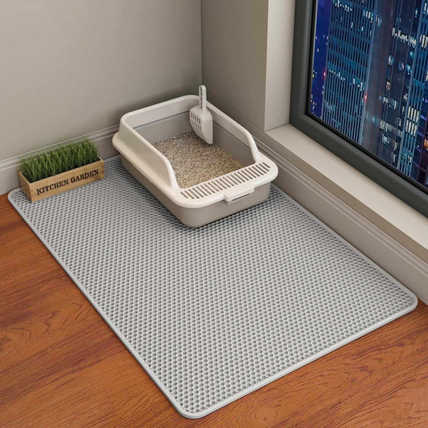 HCY&WLD Cat Litter Mat, 45x26/35x24/30x22/24x18 Inch Double Layer Cat Litter Box Mat, EVA Non-Slip, Waterproof Urine Proof Cat Litter Catcher Mat, Easy Clean Scatter Control (35x24 Inch, Gray) - Image 2