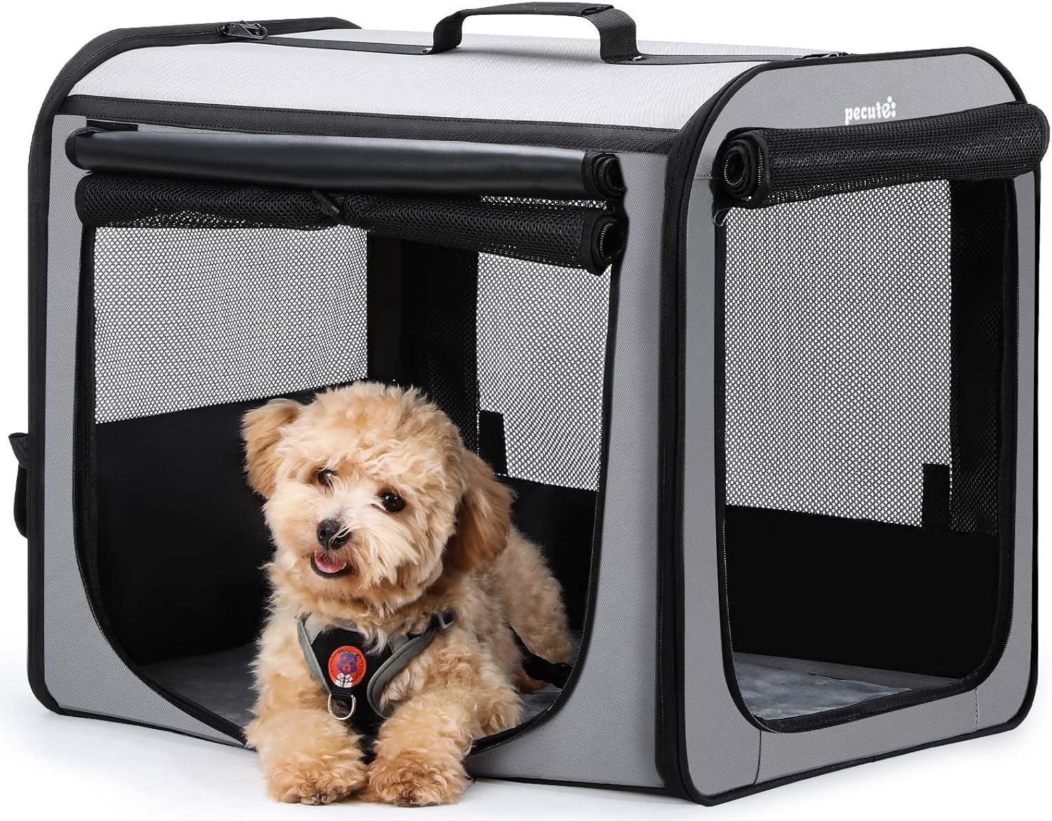Pecute Collapsible Dog Crate for Pets<15kg, Pet Carrier Stable and Light Weight, Soft Dog Crate with Breathable Windows, Portable Dog Carrier with Curtain 61×45×52 cm (Gray) - Image 2