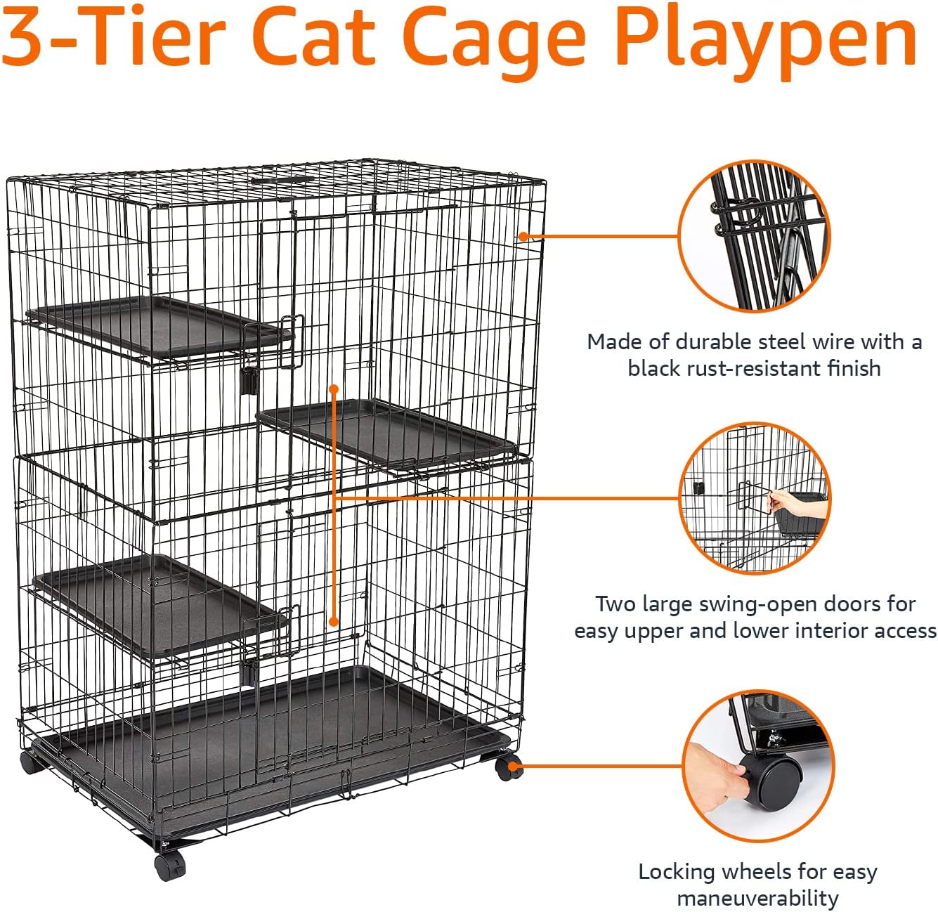 Amazon Basics Large 3-Tier Cat Cage Playpen Box Crate Kennel - 91cm x 57cm x 128cm Inches, Black - Image 4