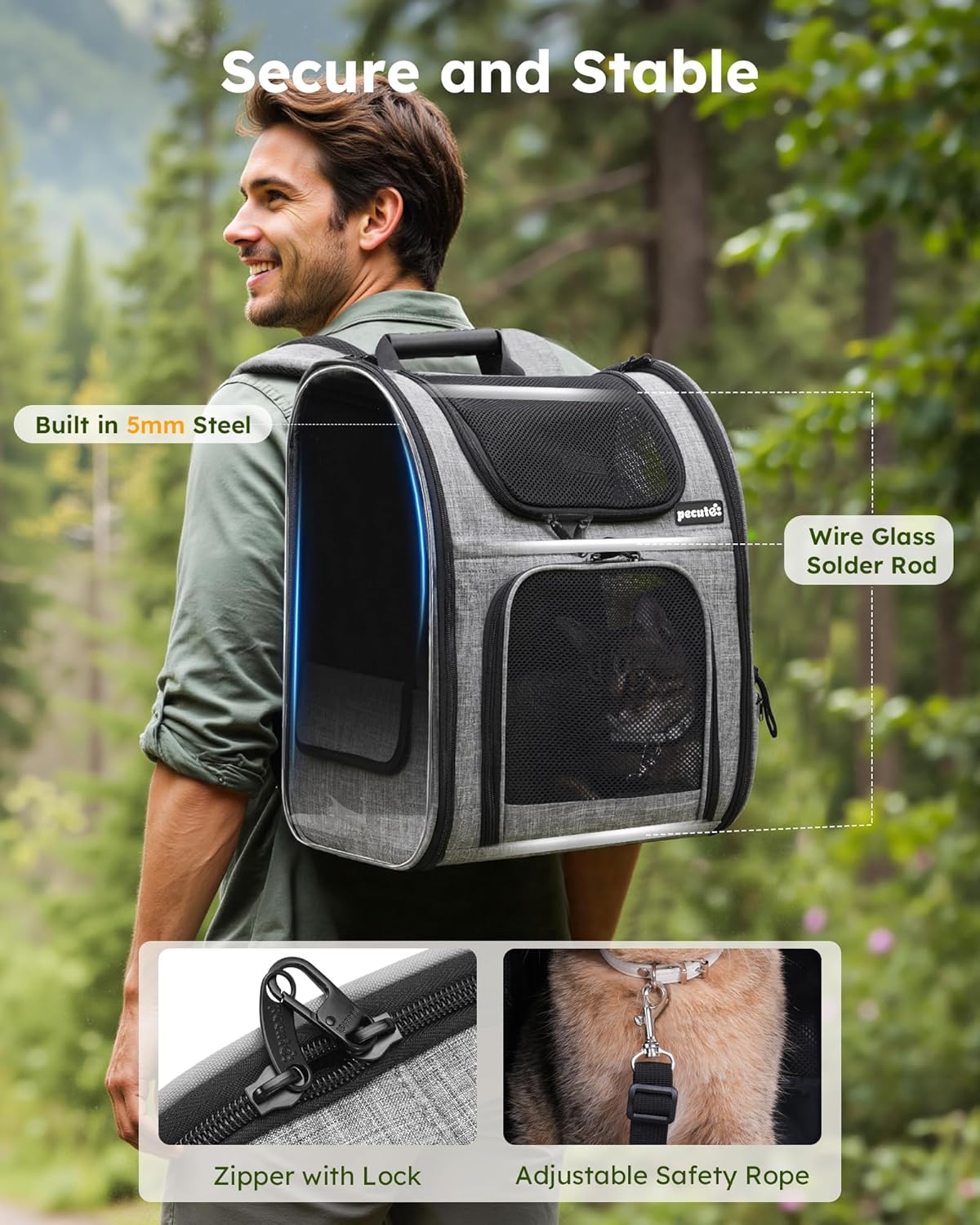 Pecute Cat Backpack with Breathable Mesh, Dog Backpack Carrier with Multi-Pockets for Cats Puppies, Pet Backpack Carrier for Travel Hiking Camping Outdoor (Gray) - Image 5