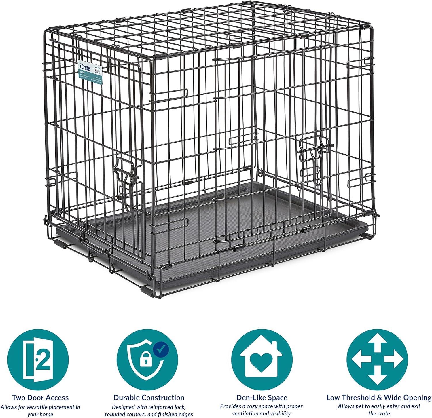 MidWest Homes for Pets Double Door iCrate 60.96cm Long Dog Crate, Includes Leak-Proof Pan, Floor Protecting Feet, Divider Panel and New Patented Features, Black, Model 1524DD - Image 4