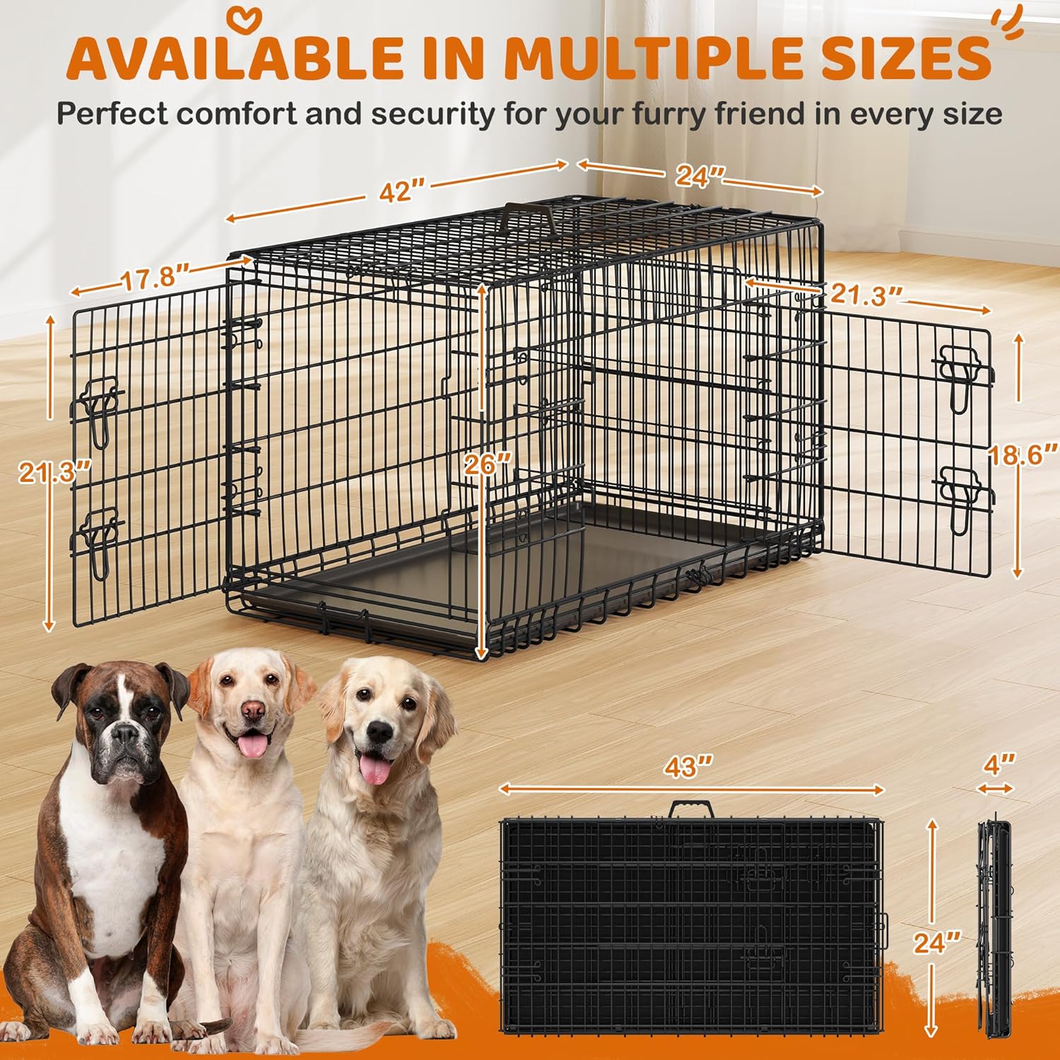 Yaheetech Dog Crate 42'' Double Door Dog Crate w/Divider for Puppy to Adult Large Collapsible Metal Dog Crate with Removable Tray Wire Dog Kennel Crate for Small Medium Dogs Travel Cage, Black - Image 9