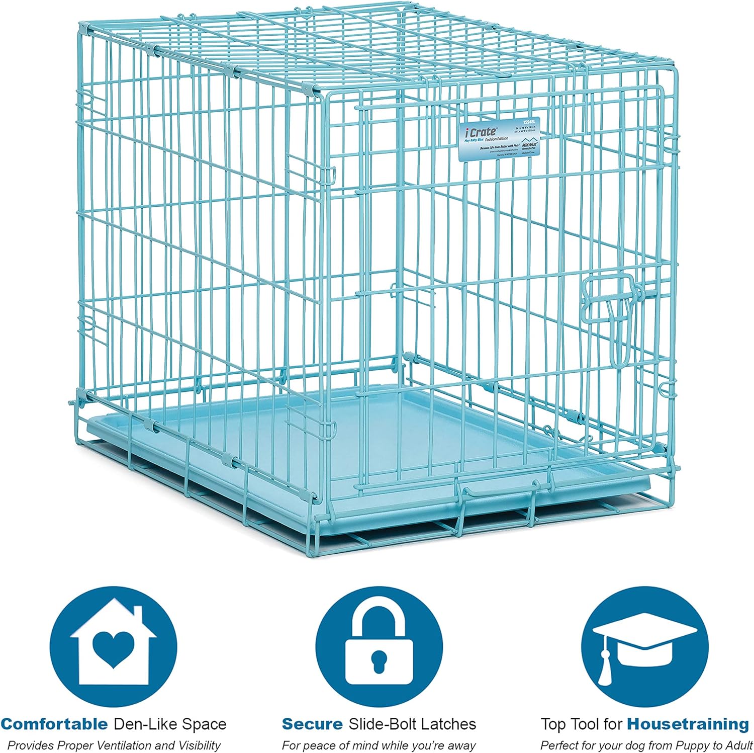 MidWest Homes for Pets Single Door iCrate 60.96 cm Long Dog Crate, Includes Leak-Proof Pan, Floor Protecting Feet, Divider Panel and New Patented Features, Blue, Model 1524BL - Image 3