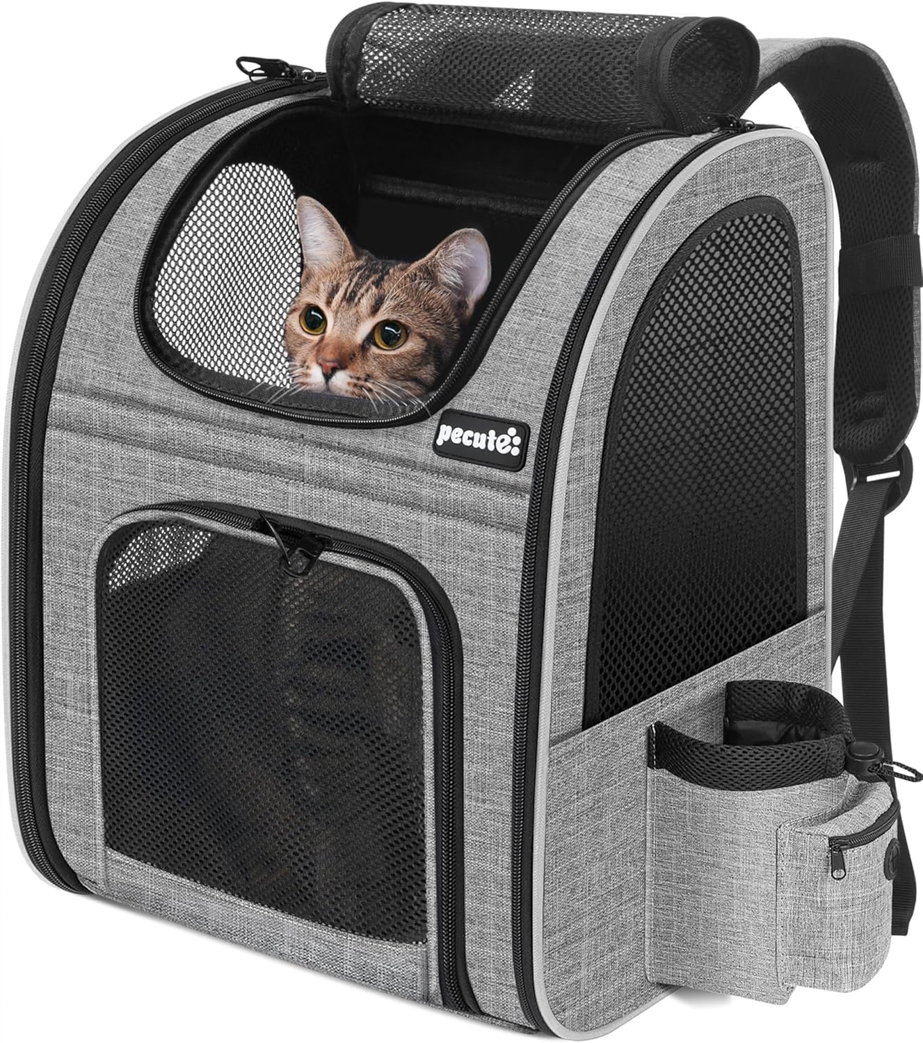 Pecute Cat Backpack with Breathable Mesh, Dog Backpack Carrier with Multi-Pockets for Cats Puppies, Pet Backpack Carrier for Travel Hiking Camping Outdoor (Gray) - Image 2