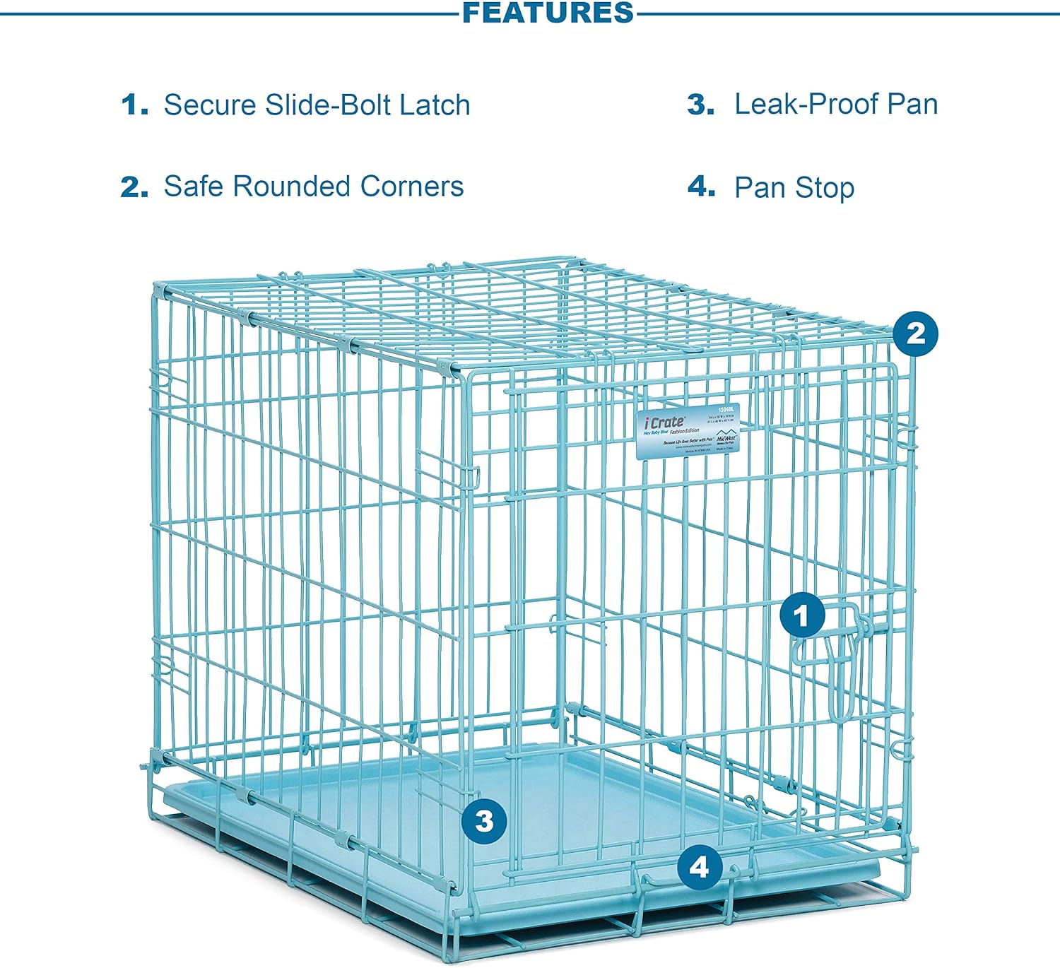 MidWest Homes for Pets Single Door iCrate 60.96 cm Long Dog Crate, Includes Leak-Proof Pan, Floor Protecting Feet, Divider Panel and New Patented Features, Blue, Model 1524BL - Image 4