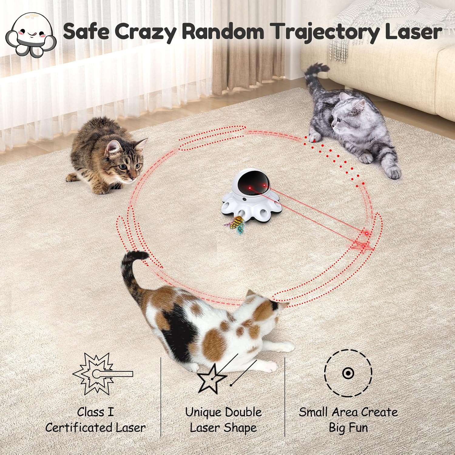 ORSDA Cat Laser Toy, 2 in 1 Automatic Cat Toys, 8 Holes Mice Whack A Mole Moving Feather, USB Rechargeable, Suitable for All Breeds - Image 4
