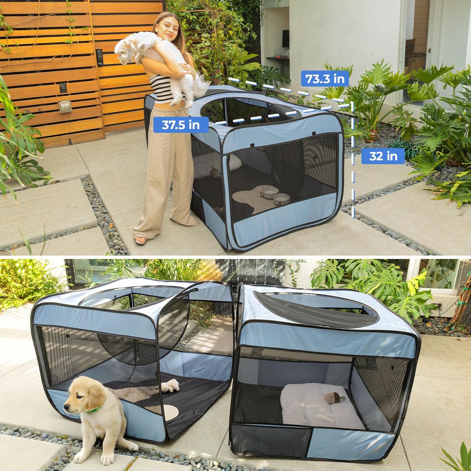 2-in-1 Pop Up Puppy Playpen, Detachable into 2 Separate Pens with Additional Doors, Assembly-Free Portable Cat Dog Crates Pet Pen Tent Kennel Kitten Enclosure Cage Indoor Outdoor Foldable Condo(L) - Image 9