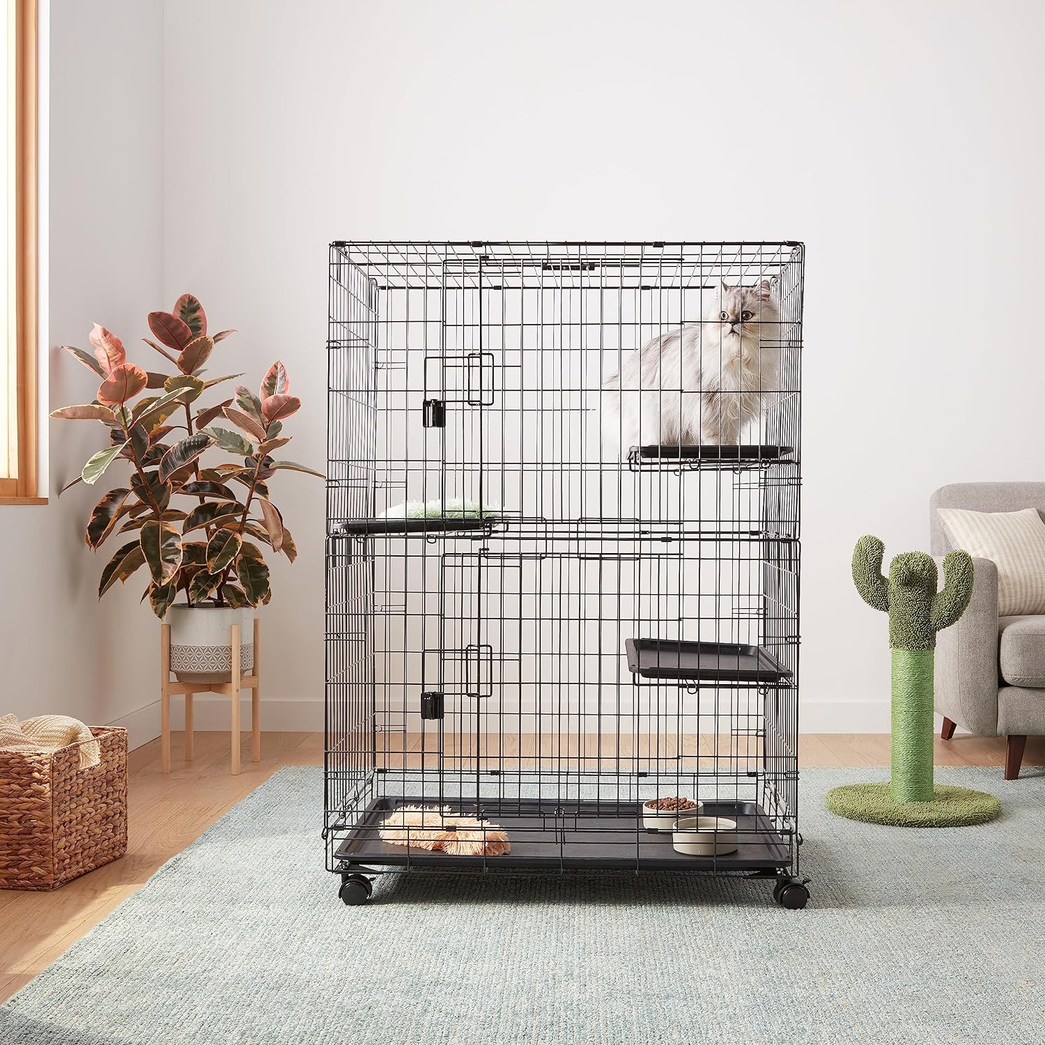 Amazon Basics Large 3-Tier Cat Cage Playpen Box Crate Kennel - 91cm x 57cm x 128cm Inches, Black - Image 7